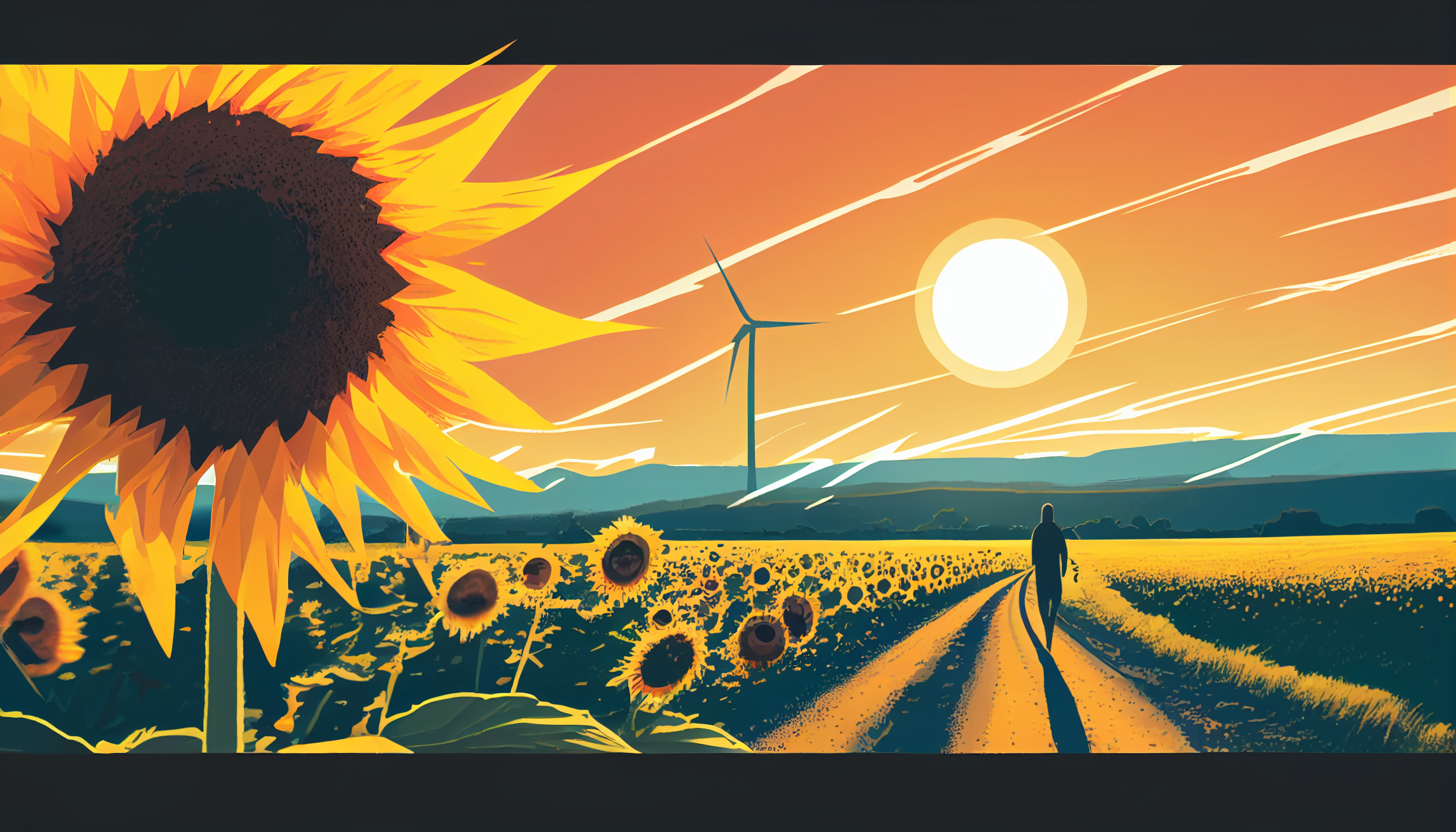 An image of a person walking down a path in a sunflower field, with a wind turbine and sunset in the background.