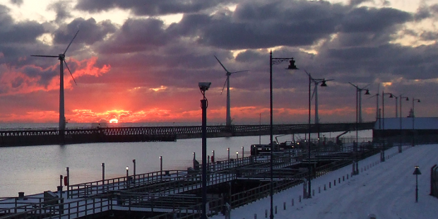 Sunrise over the original wind turbines in Blyth