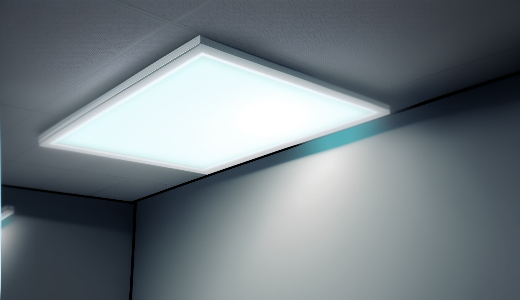An AI generated image of an LED panel in a ceiling.