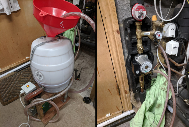 commissioning pump using some old home-brew kit and a shower pump