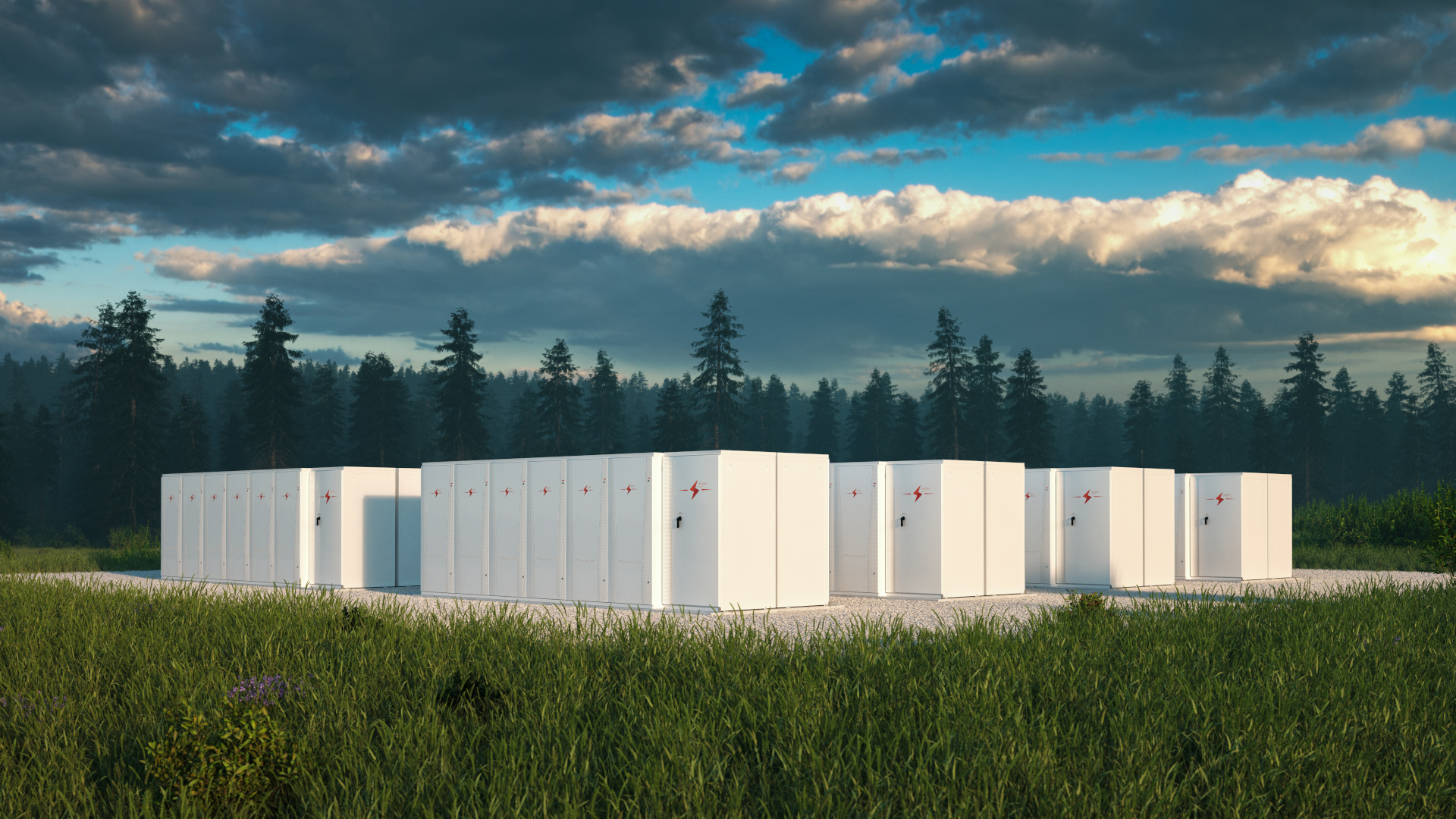 Eco friendly battery energy storage system in nature with misty forest in background and fresh grassland in foreground. 3d rendering.