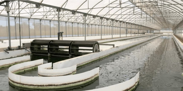 In the REALM concept, raceway systems are built next to greenhouses. In these open ponds, microalgae can be cultivated in a cost-effective way. Photo by Biorizon Biotech.