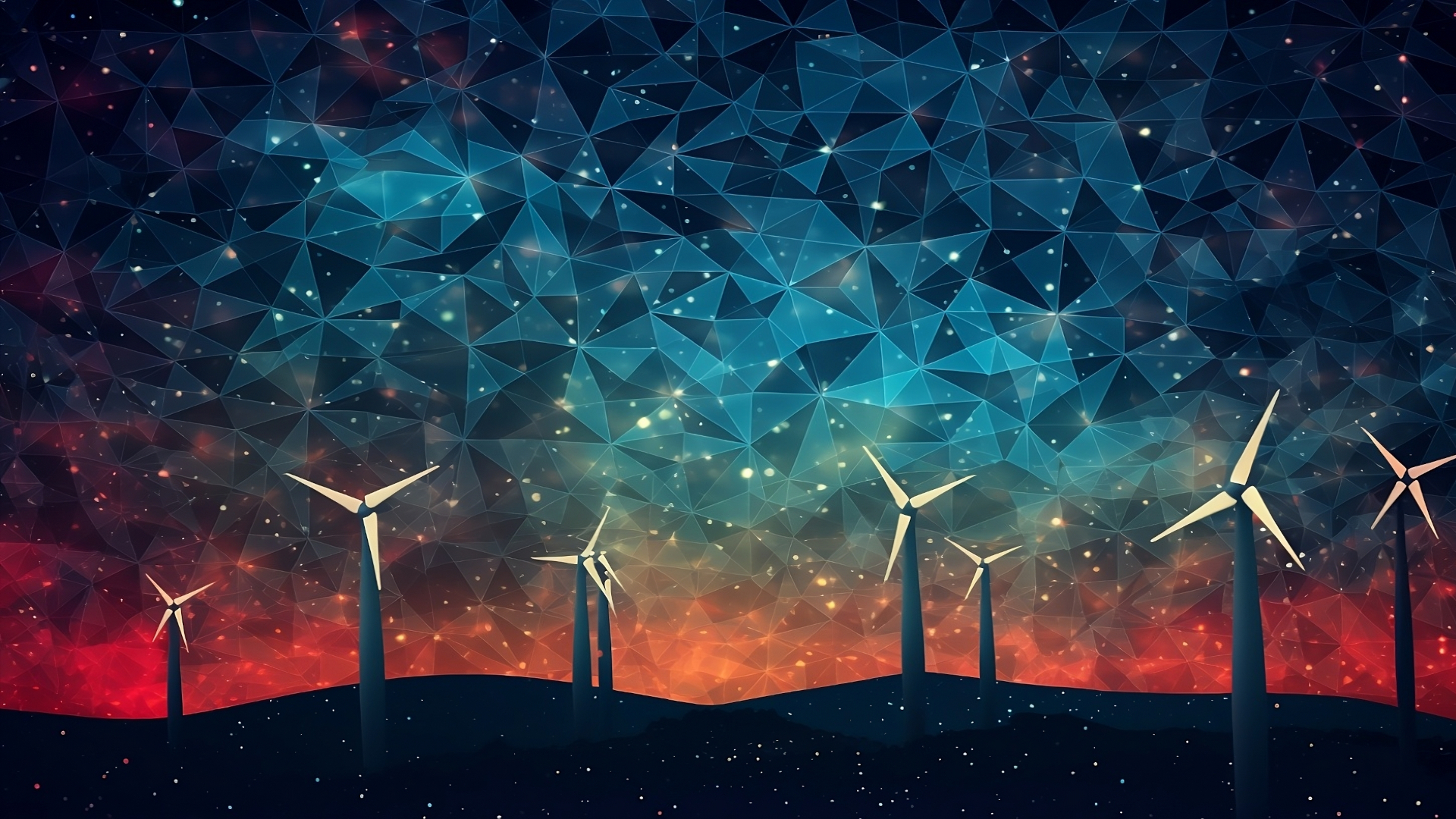 An AI image of a wind farm against a sky make of silicon crystals filled with stars