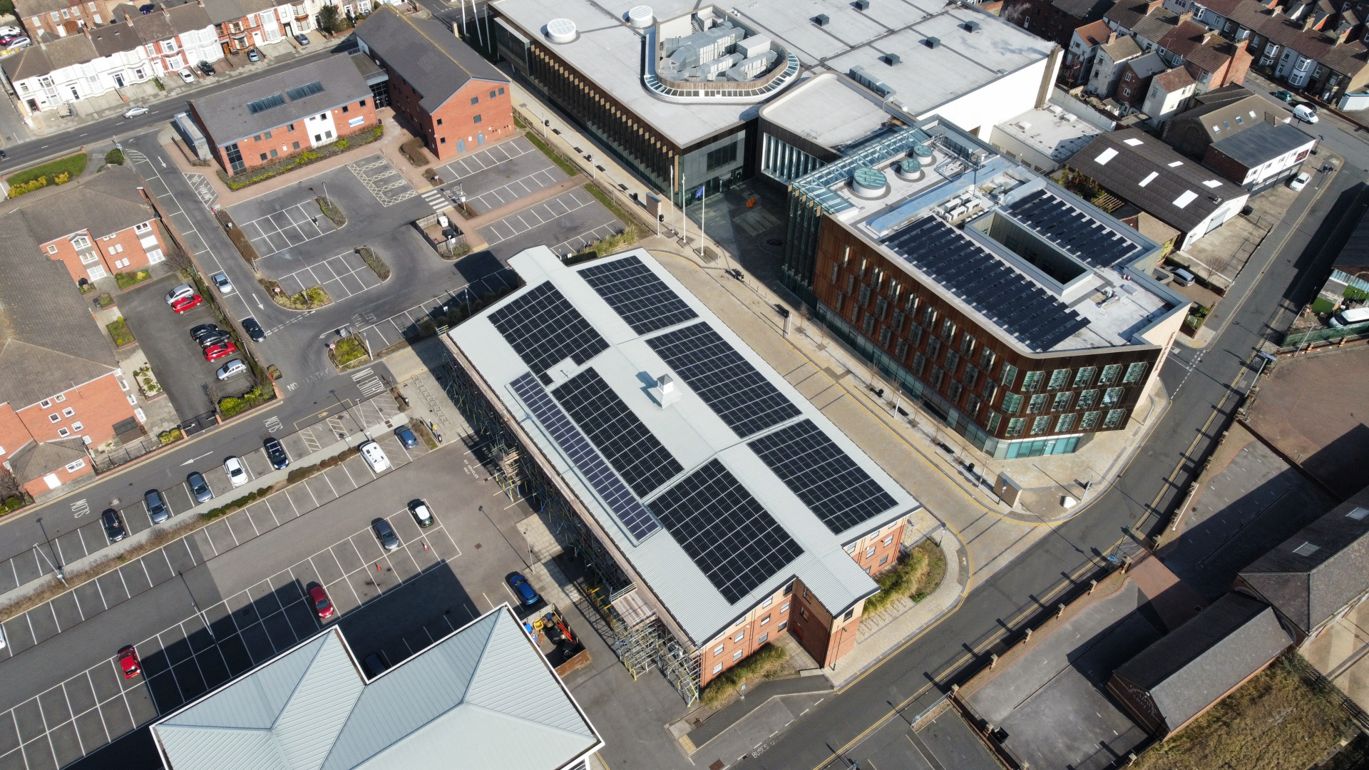 A drone image of the photovoltaic array on Redcar and Cleveland House