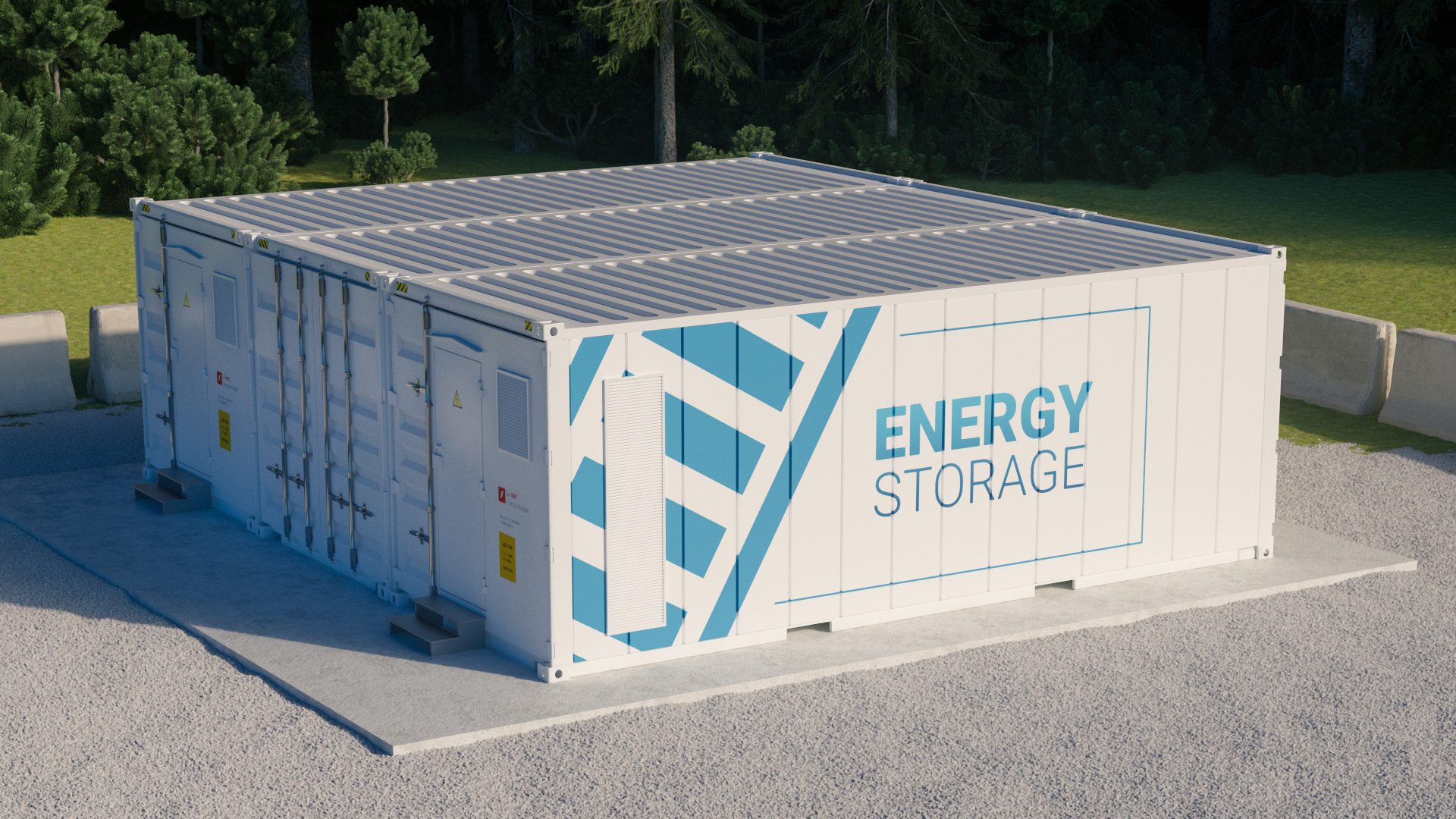 Concept of energy storage unit consisting of multiple conected containers with batteries. 3d rednering