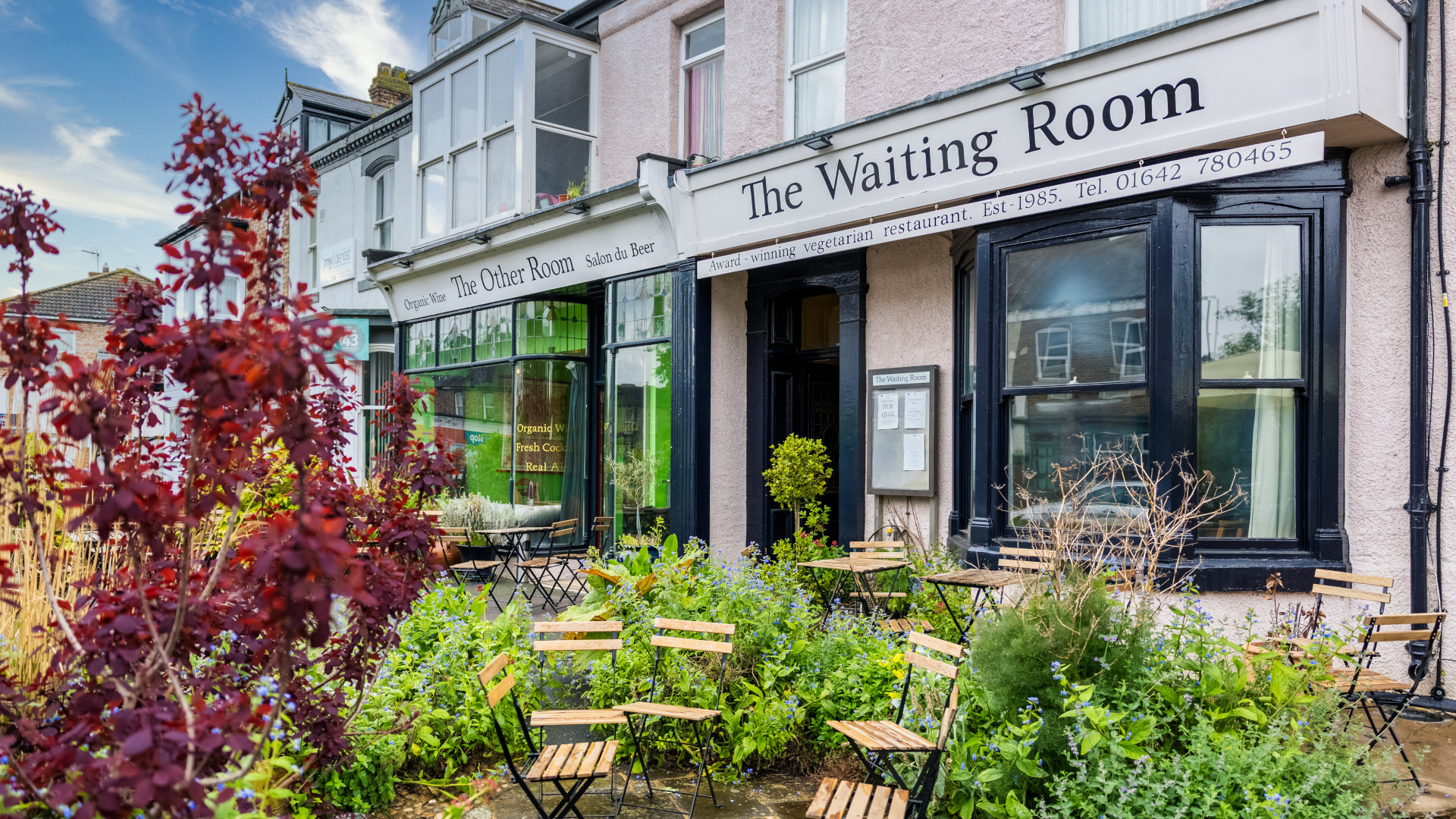 chairs surround by plants behind a restaurant