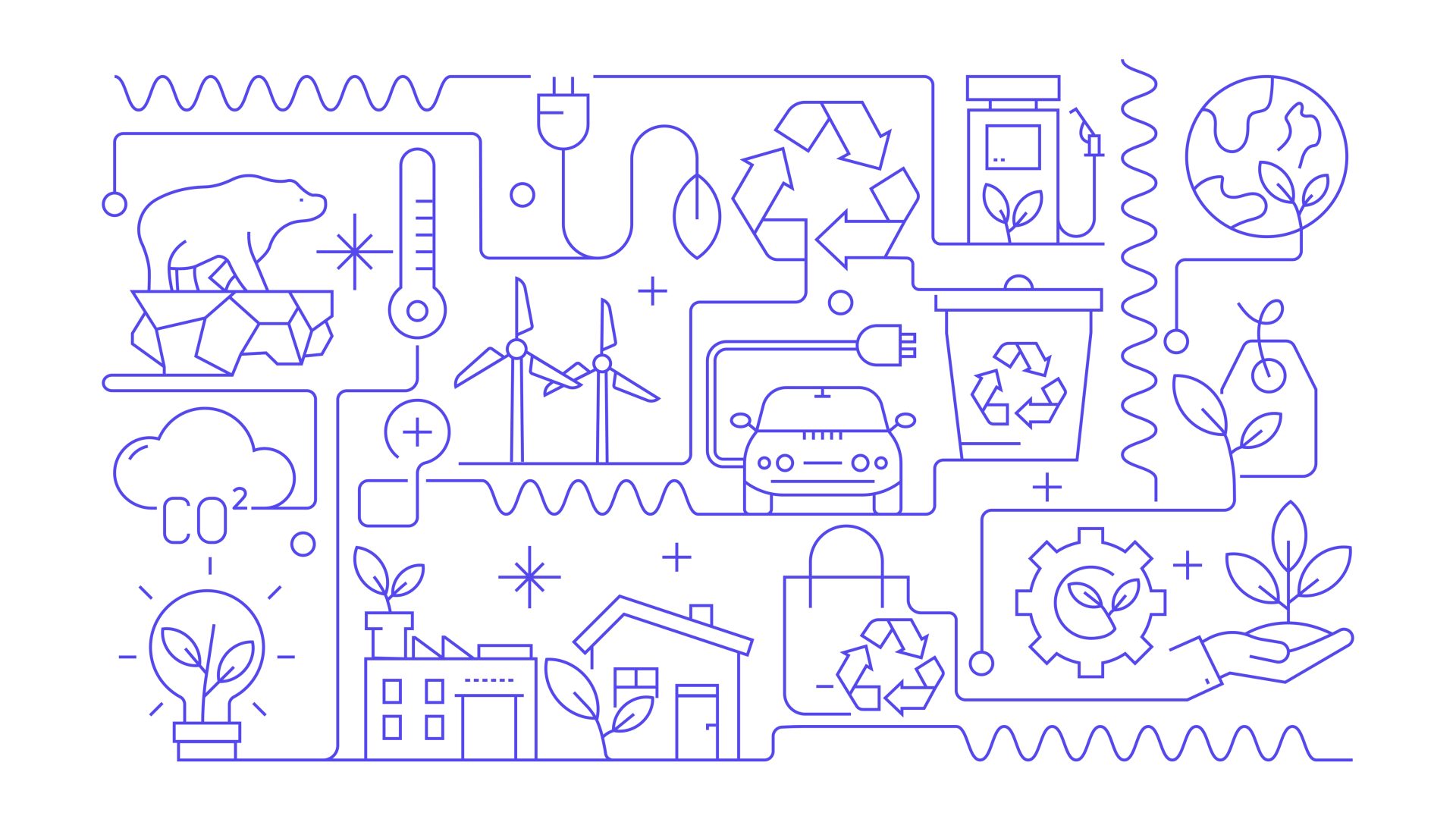 Artistic image of a number of renewable energy systems