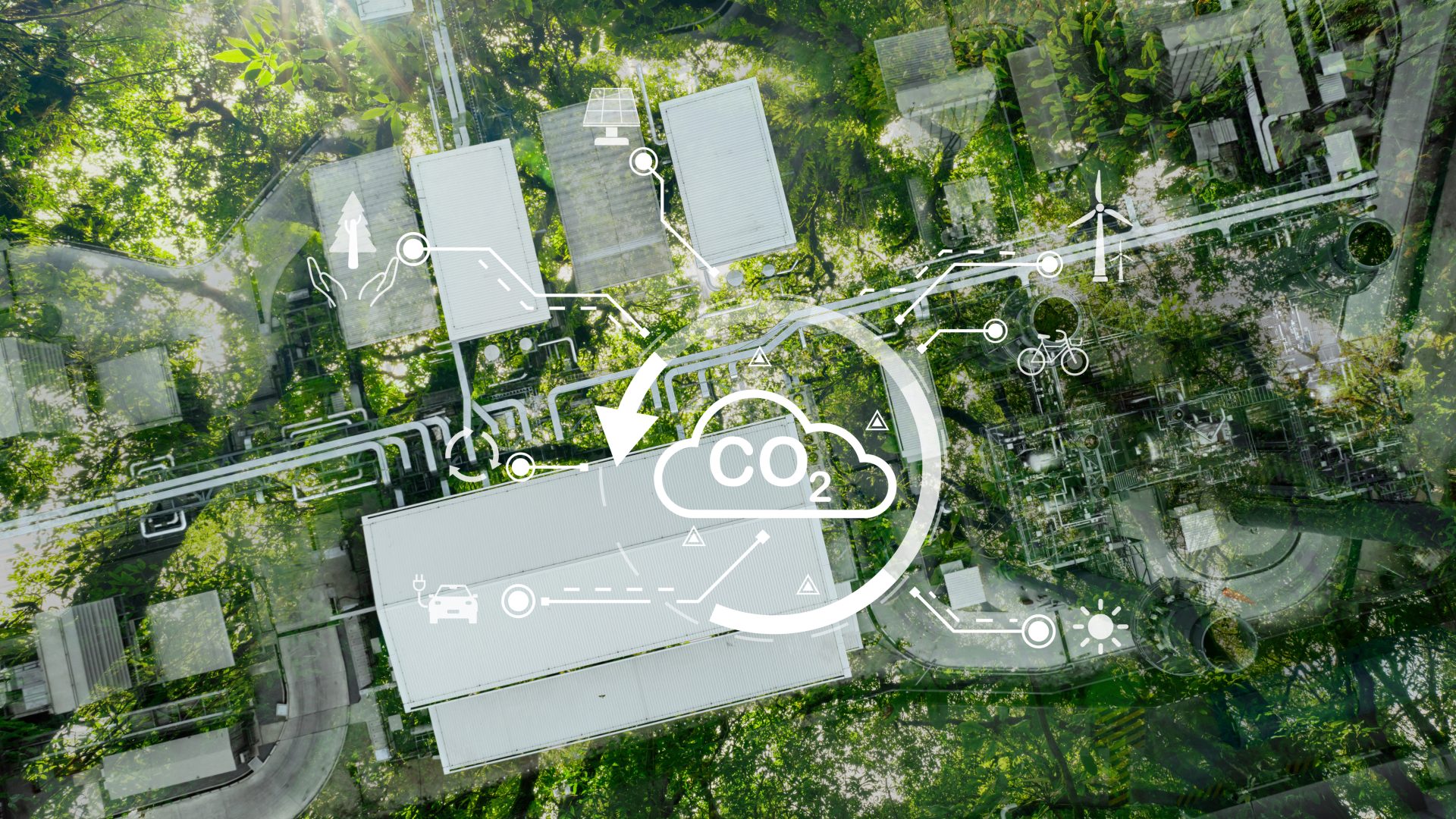 Image of writting about CO2 on top of some buildings and trees