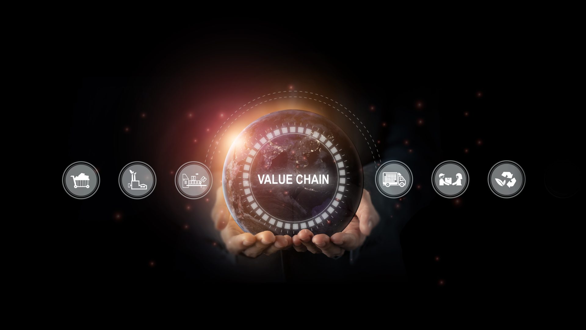 Artistic image with words about value chains, and an Earth in someone's hands